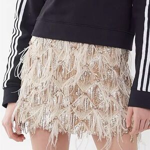Urban Outfitters RAGA Paloma Cream Sequin Rhinestone Feather Mini Skirt